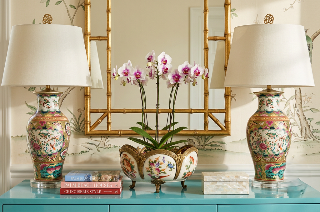 Decorative table with floral-patterned lamps, books, and a potted orchid in front of a mirror.