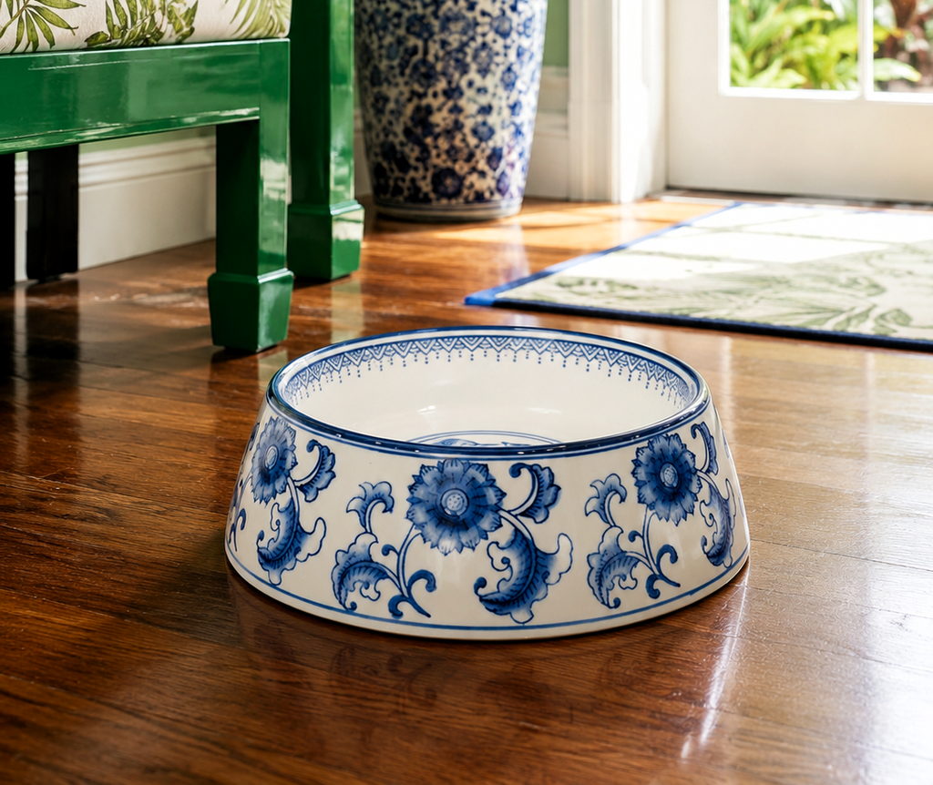 Blue and White Porcelain Non-Tip Dog Bowl
