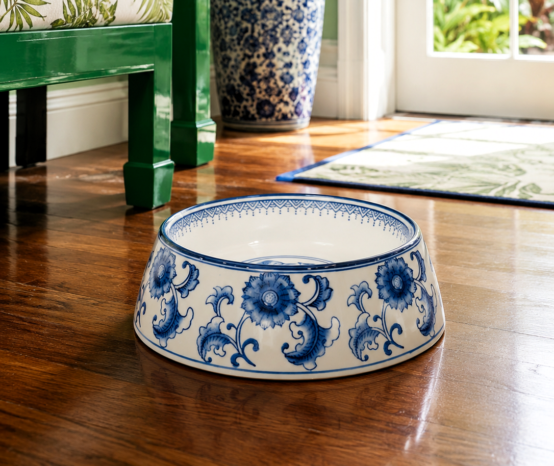 Blue and White Porcelain Non-Tip Dog Bowl