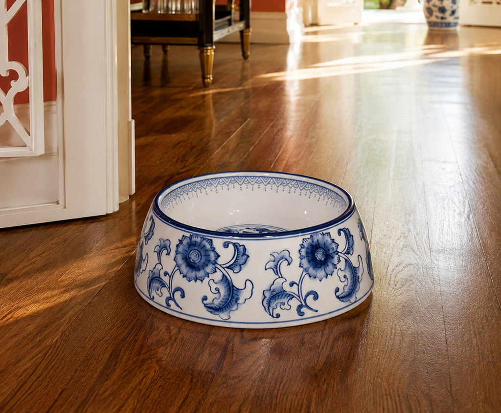 Blue and White Porcelain Non-Tip Dog Bowl