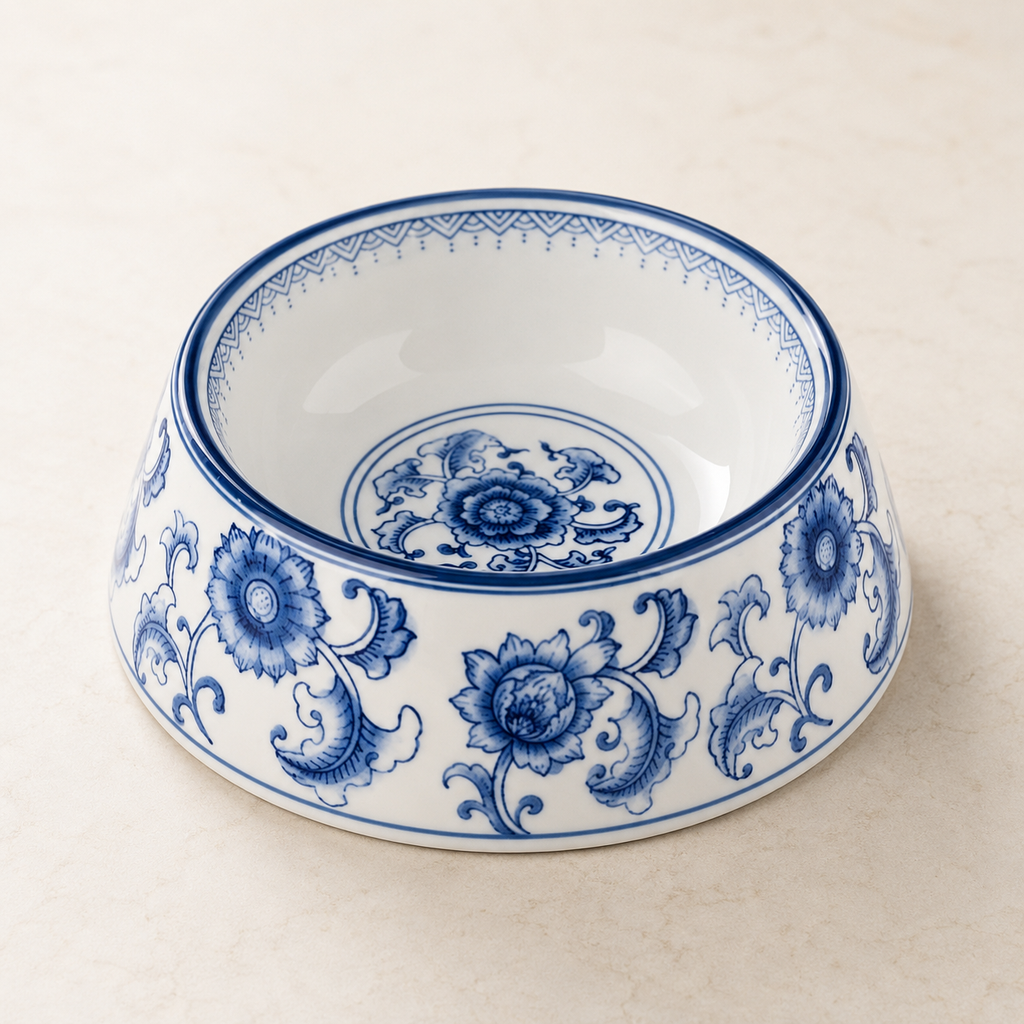 Blue and White Porcelain Non-Tip Dog Bowl