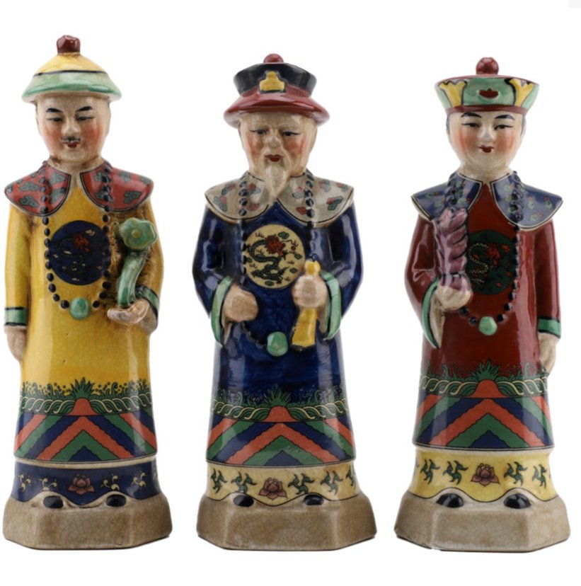 Small Hand-Painted Asian Emperors Three Men Figurine Set