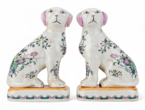 Rose Medallion Staffordshire style Porcelain Dog Figurine Pair