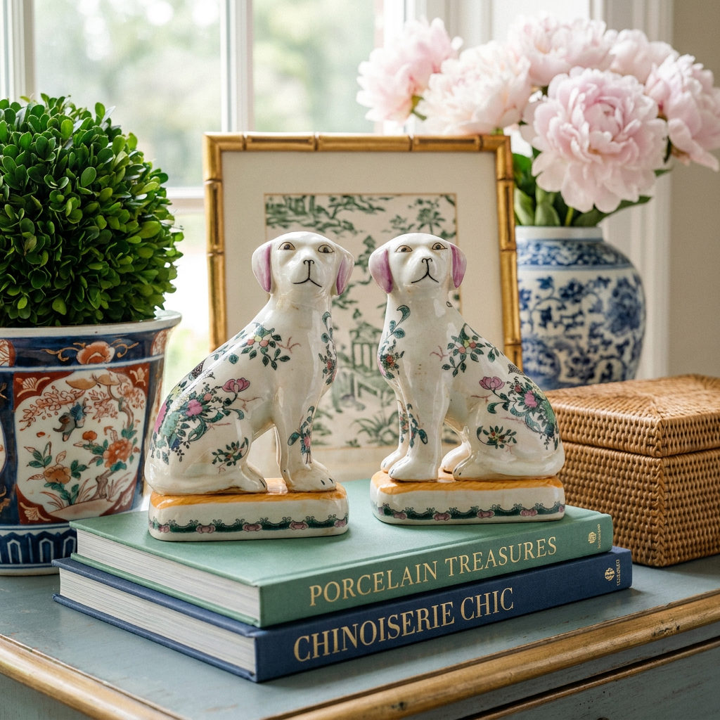 Rose Medallion Staffordshire style Porcelain Dog Figurine Pair