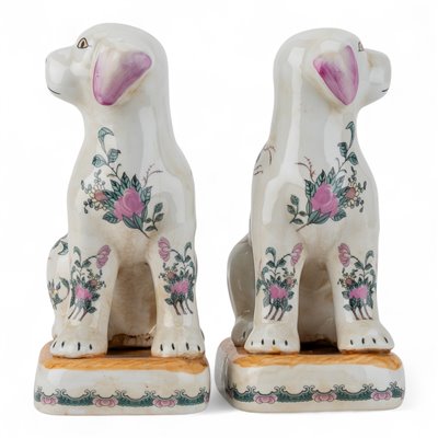 Rose Medallion Staffordshire style Porcelain Dog Figurine Pair