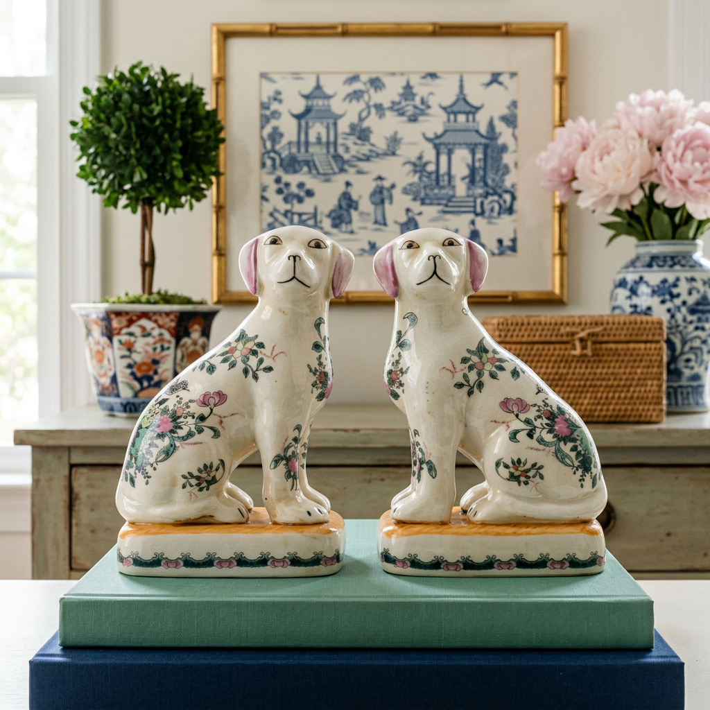 Rose Medallion Staffordshire style Porcelain Dog Figurine Pair