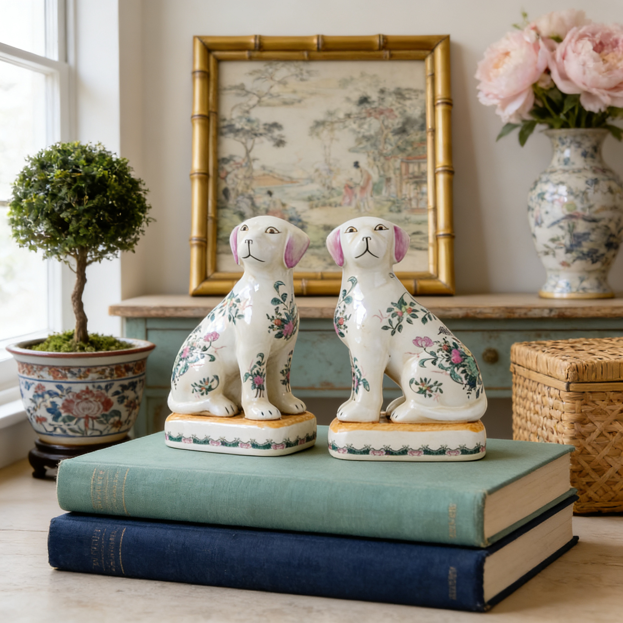Rose Medallion Staffordshire style Porcelain Dog Figurine Pair