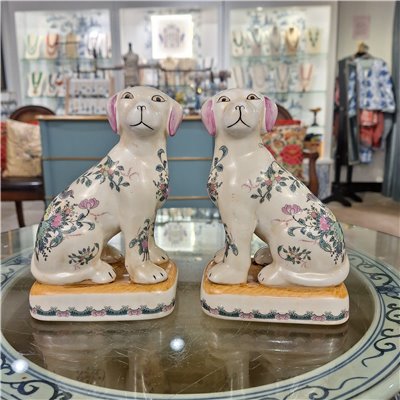 Rose Medallion Staffordshire style Porcelain Dog Figurine Pair