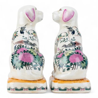 Rose Medallion Staffordshire style Porcelain Dog Figurine Pair