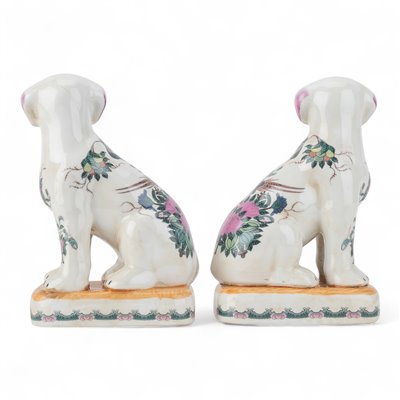 Rose Medallion Staffordshire style Porcelain Dog Figurine Pair