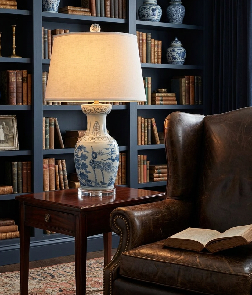 Chinoiserie Blue Antiqued Porcelain Table Lamp