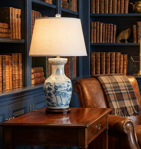 Chinoiserie Blue Antiqued Porcelain Table Lamp