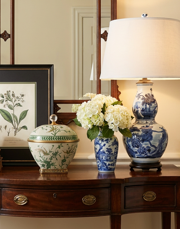 Chinoiserie Blue and White Birds Elongated Gourd Porcelain Table Lamp