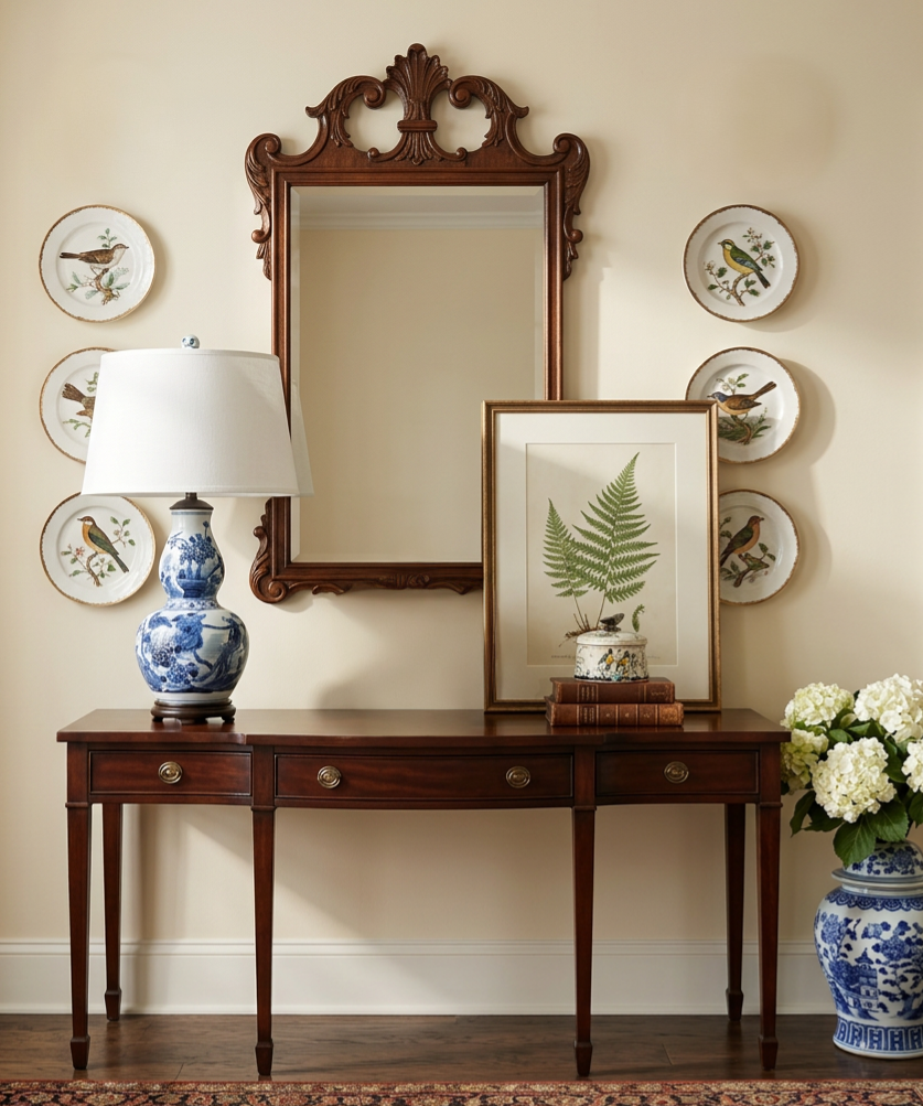 Chinoiserie Blue and White Birds Elongated Gourd Porcelain Table Lamp