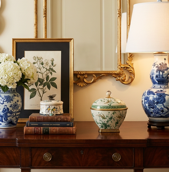 Chinoiserie Blue and White Birds Elongated Gourd Porcelain Table Lamp