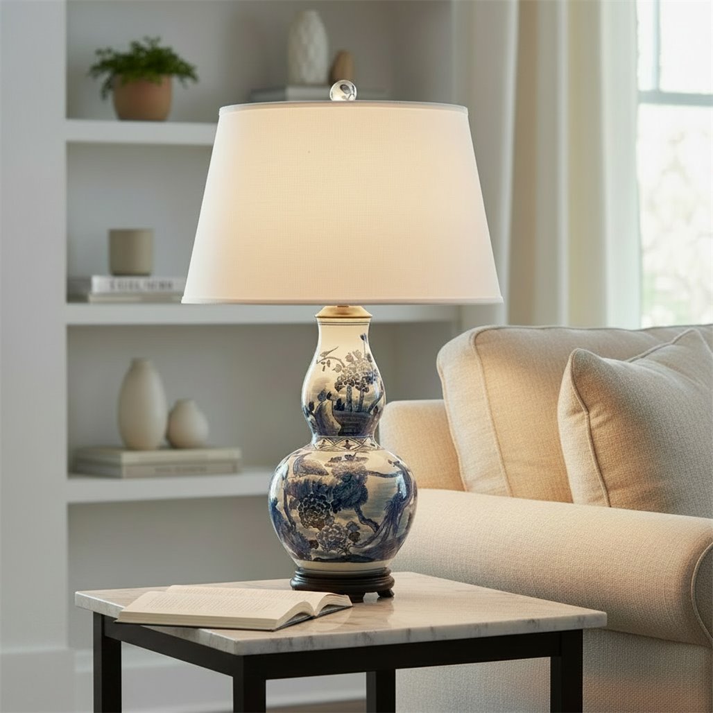 Decorative lamp with blue floral patterns on a marble table in a living room setting.