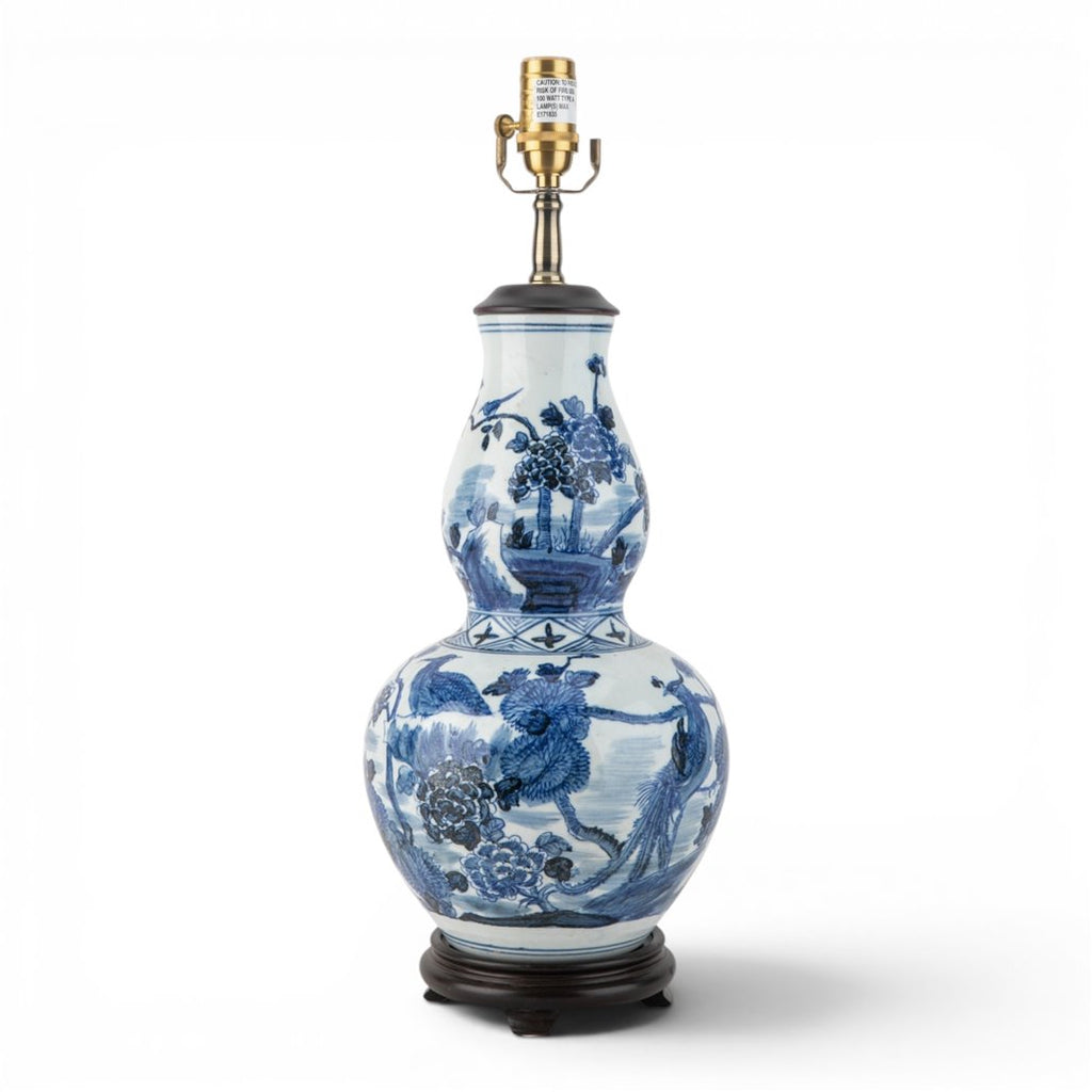 Chinoiserie Blue and White Birds Elongated Gourd Porcelain Table Lamp