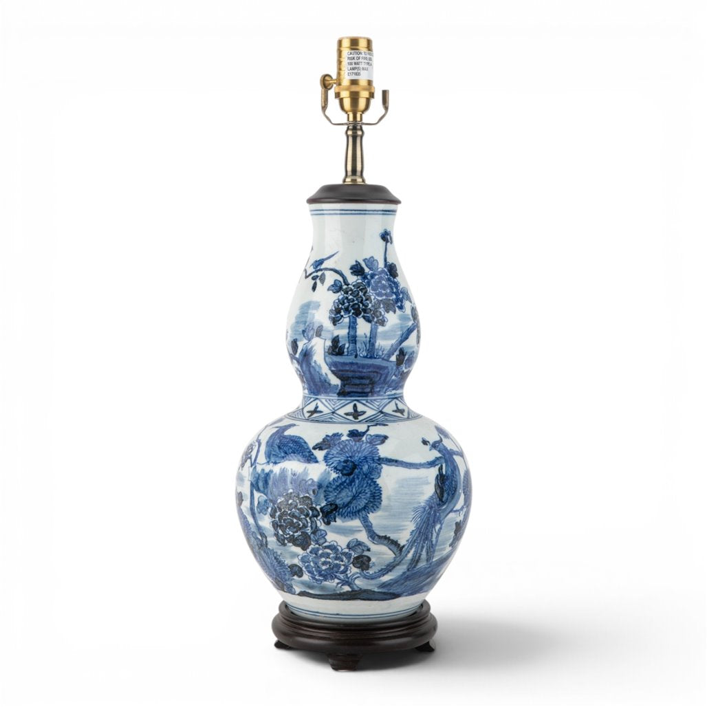 Chinoiserie Blue and White Birds Elongated Gourd Porcelain Table Lamp
