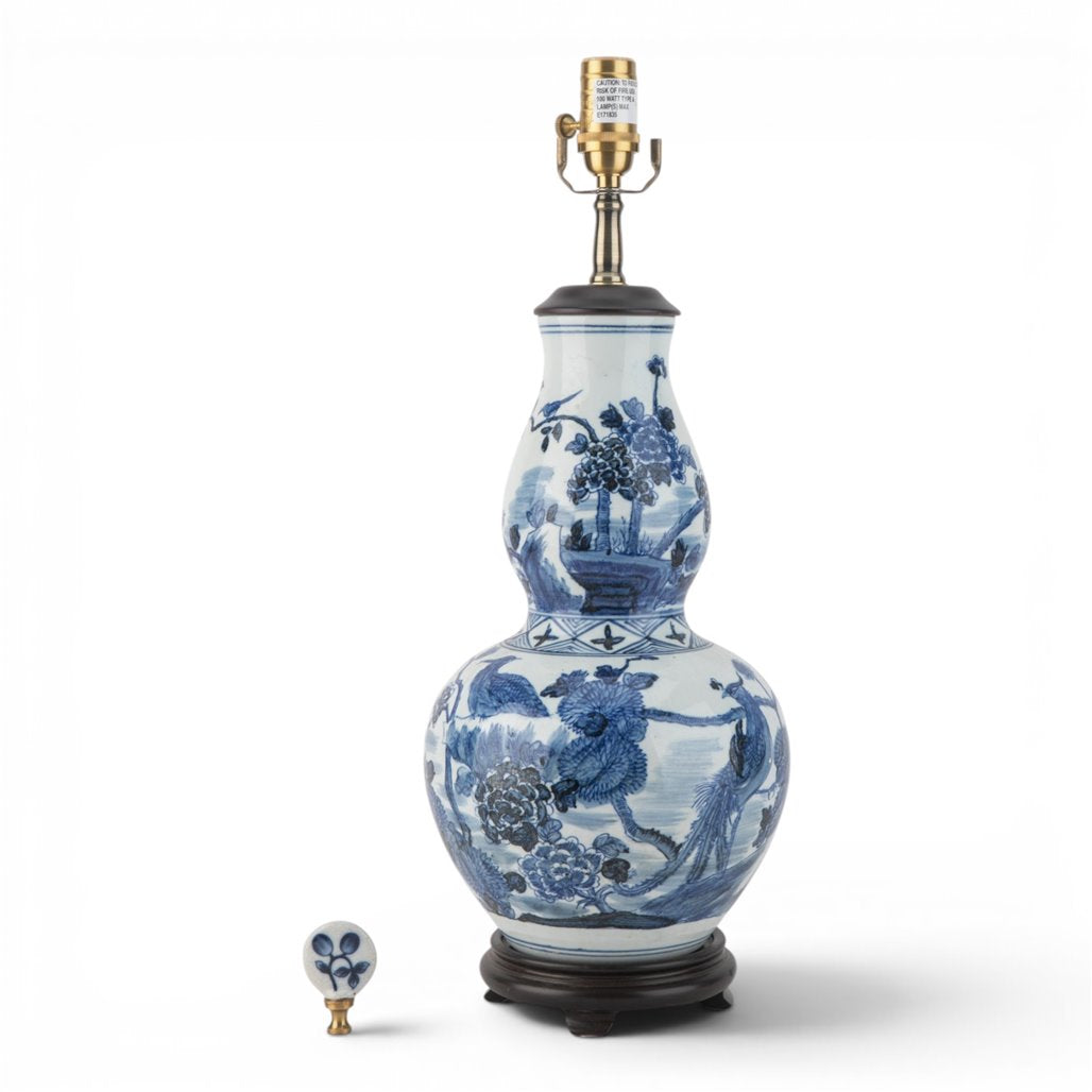 Chinoiserie Blue and White Birds Elongated Gourd Porcelain Table Lamp