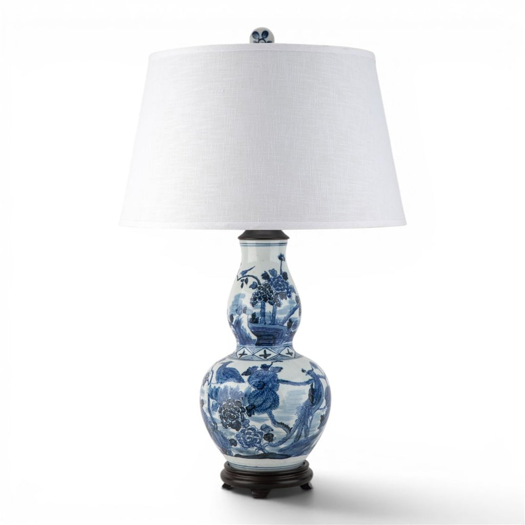 Chinoiserie Blue and White Birds Elongated Gourd Porcelain Table Lamp