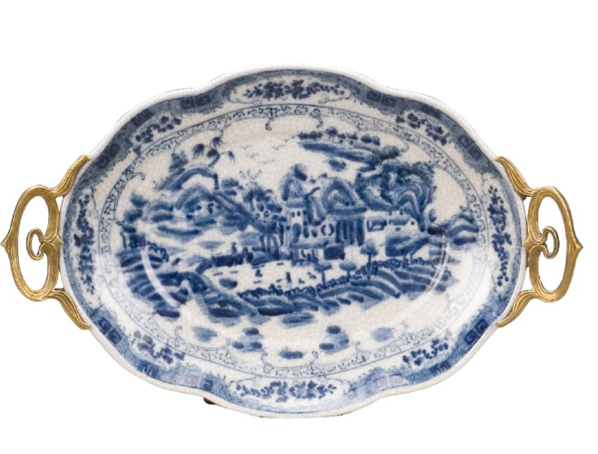 Chinoiserie Porcelain Platter with Ornate Brass Handles