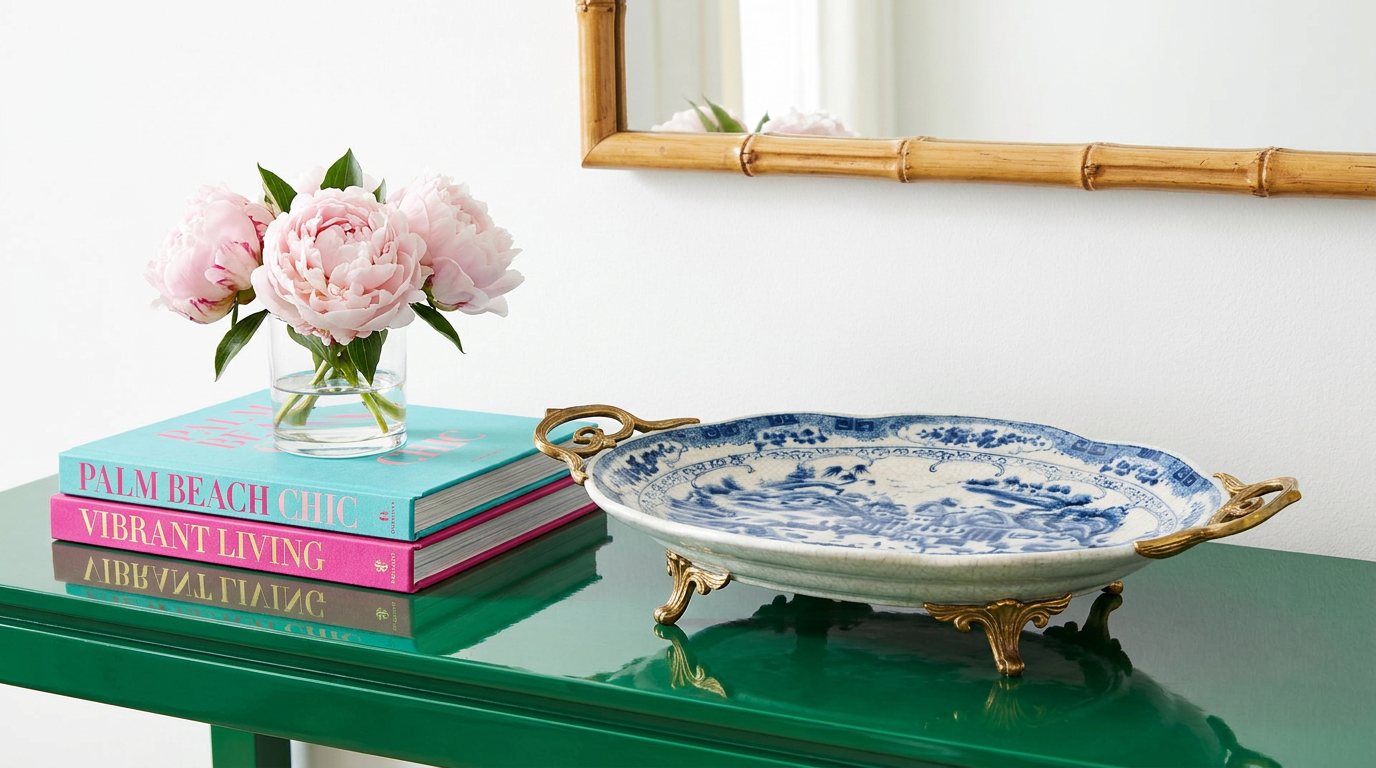 Chinoiserie Porcelain Platter with Ornate Brass Handles