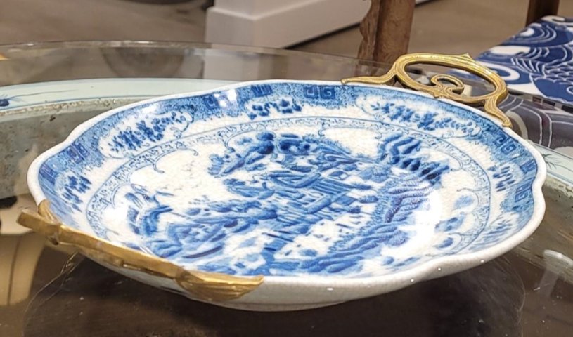 Chinoiserie Porcelain Platter with Ornate Brass Handles