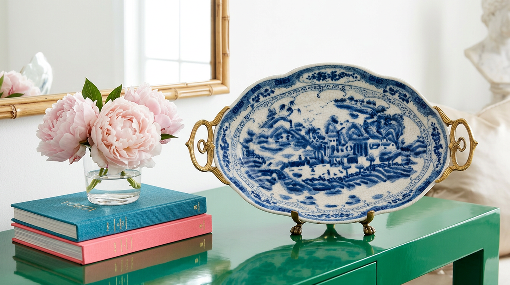 Chinoiserie Porcelain Platter with Ornate Brass Handles