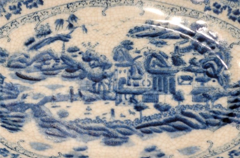 Chinoiserie Porcelain Platter with Ornate Brass Handles