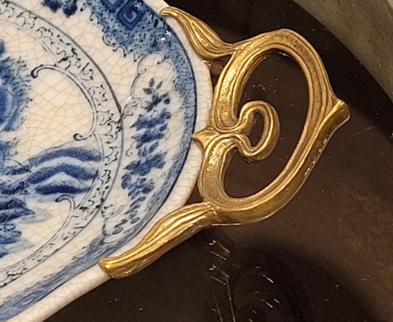 Chinoiserie Porcelain Platter with Ornate Brass Handles