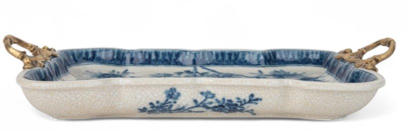Blue and White Songbird Garden Porcelain Tray with Bronze Handle