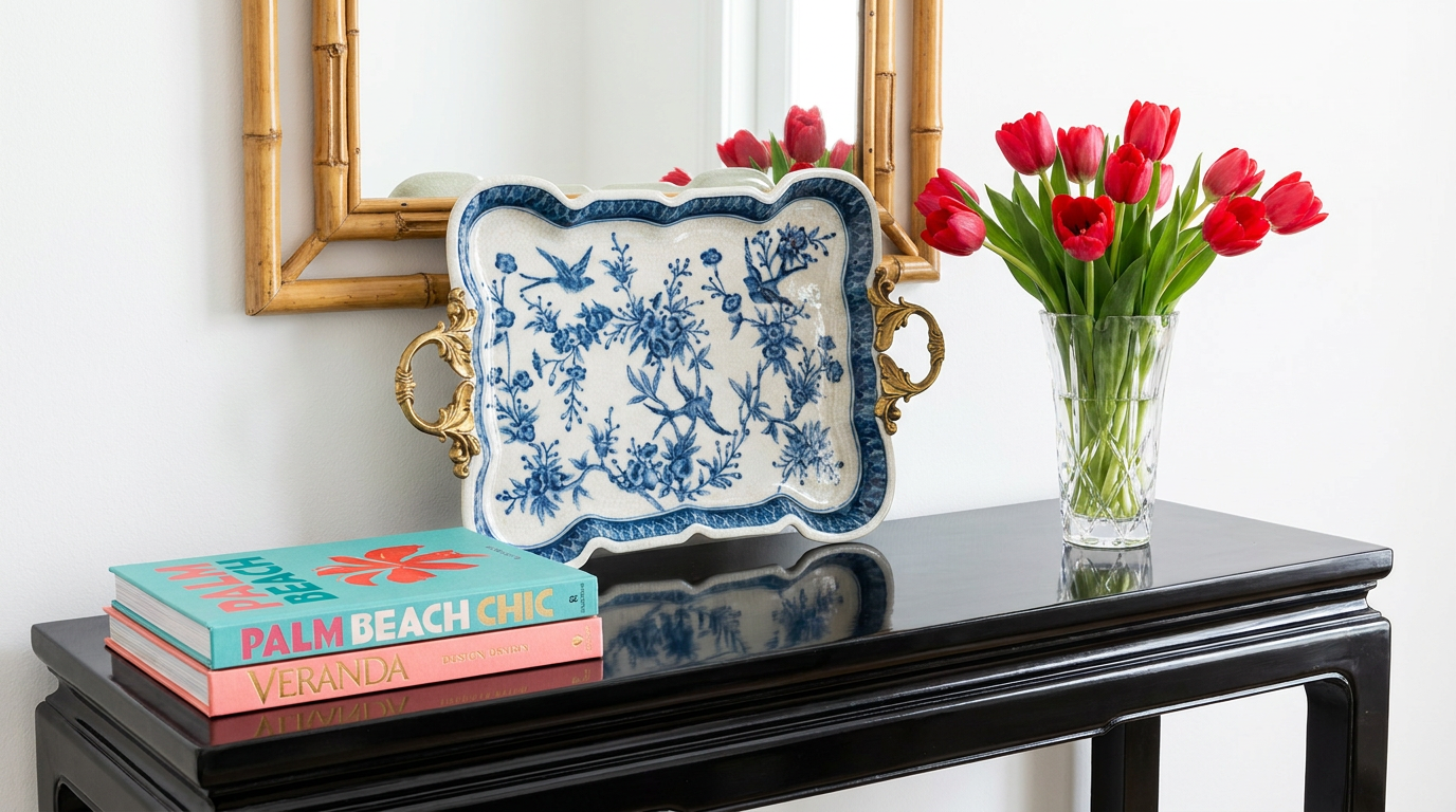Blue and White Songbird Garden Porcelain Tray with Bronze Handle