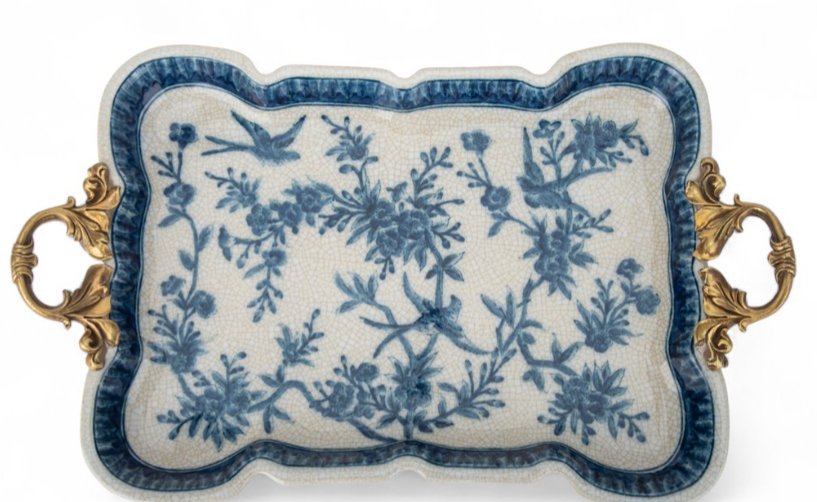 Blue and White Songbird Garden Porcelain Tray with Bronze Handle