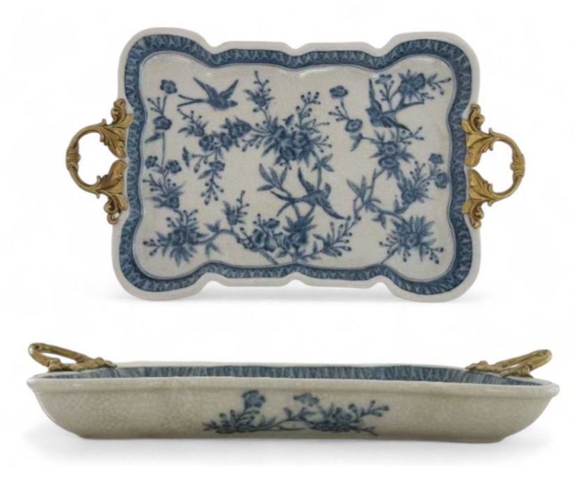 Blue and White Songbird Garden Porcelain Tray with Bronze Handle