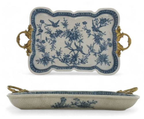 Blue and White Songbird Garden Porcelain Tray with Bronze Handle