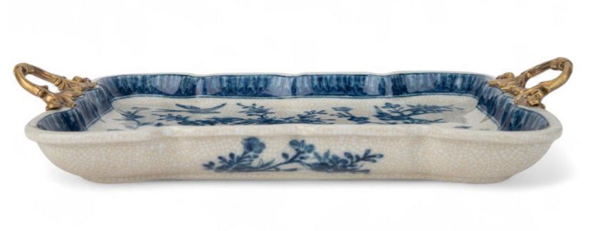 Blue and White Songbird Garden Porcelain Tray with Bronze Handle