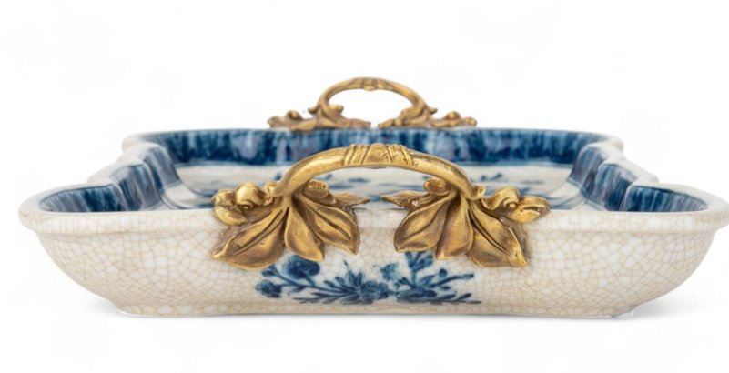 Blue and White Songbird Garden Porcelain Tray with Bronze Handle