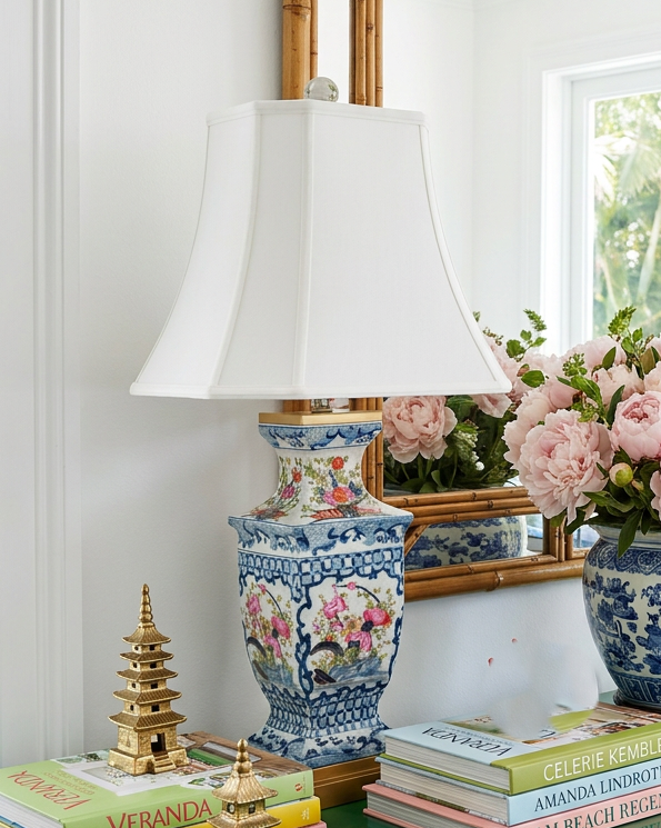 Garden Trellis imari and blue and white Asian Hand-Painted Porcelain Table Lamp