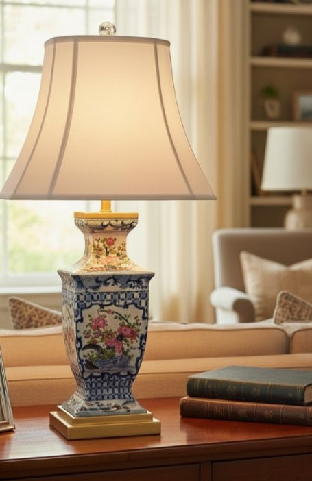 Garden Trellis imari and blue and white Asian Hand-Painted Porcelain Table Lamp