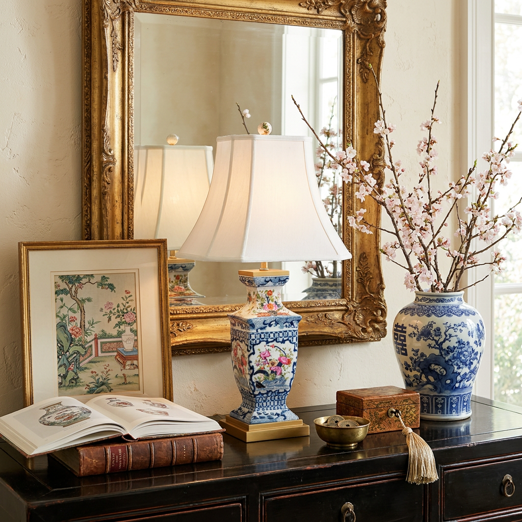 Garden Trellis imari and blue and white Asian Hand-Painted Porcelain Table Lamp