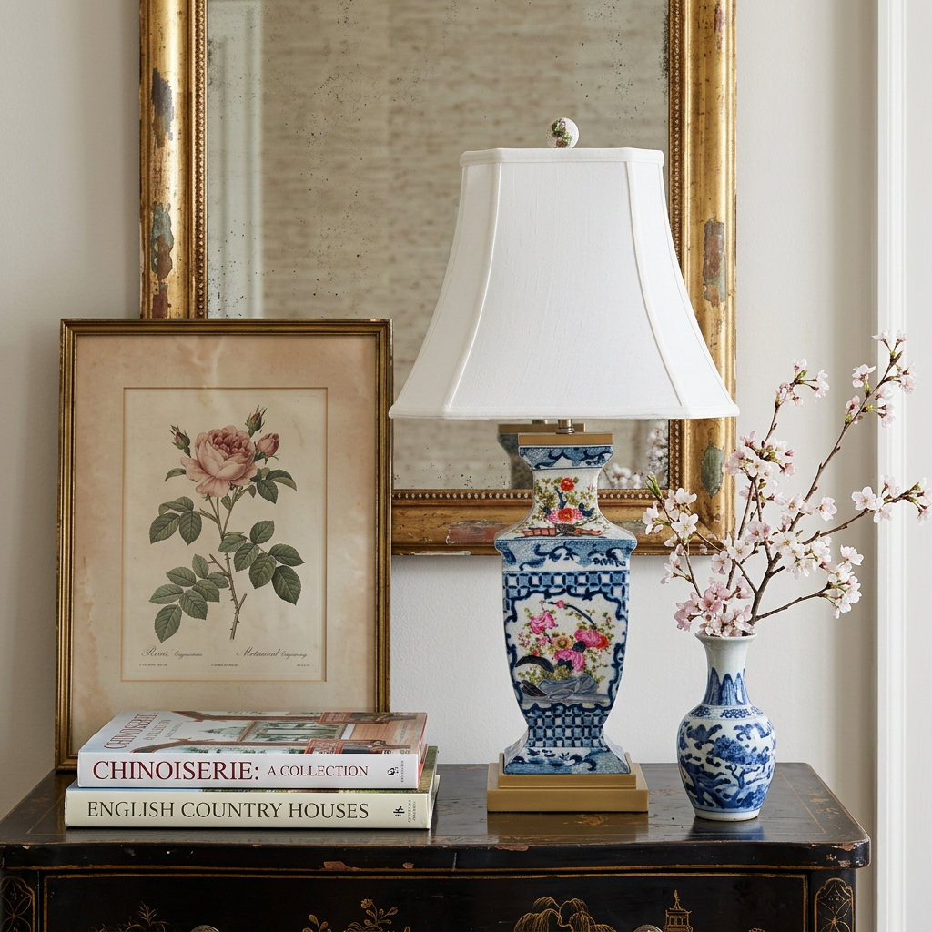 Garden Trellis imari and blue and white Asian Hand-Painted Porcelain Table Lamp