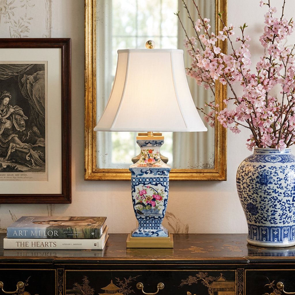 Garden Trellis imari and blue and white Asian Hand-Painted Porcelain Table Lamp