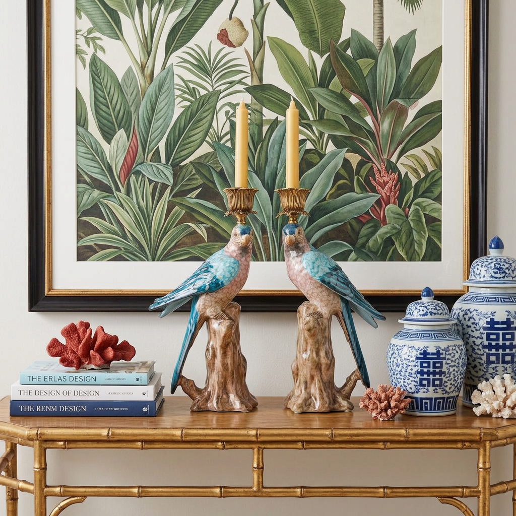 Chinoiserie Blue Porcelain Parrot Candle Holder Pair with Bronze Ormolu