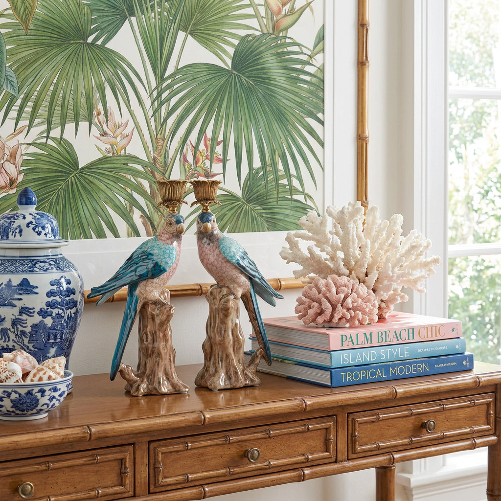 Decorative items on a wooden console table with palm leaf wallpaper in the background