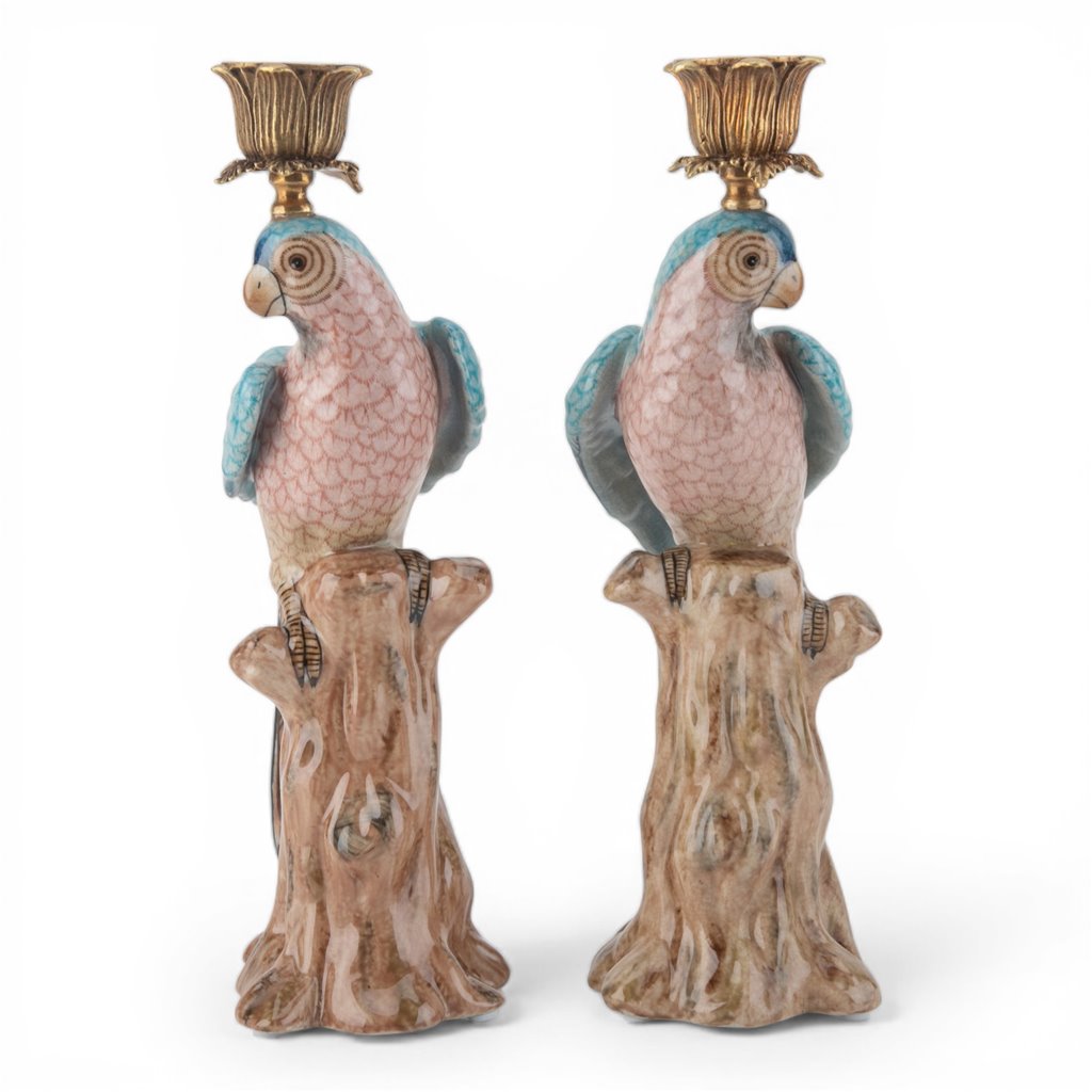 Chinoiserie Blue Porcelain Parrot Candle Holder Pair with Bronze Ormolu