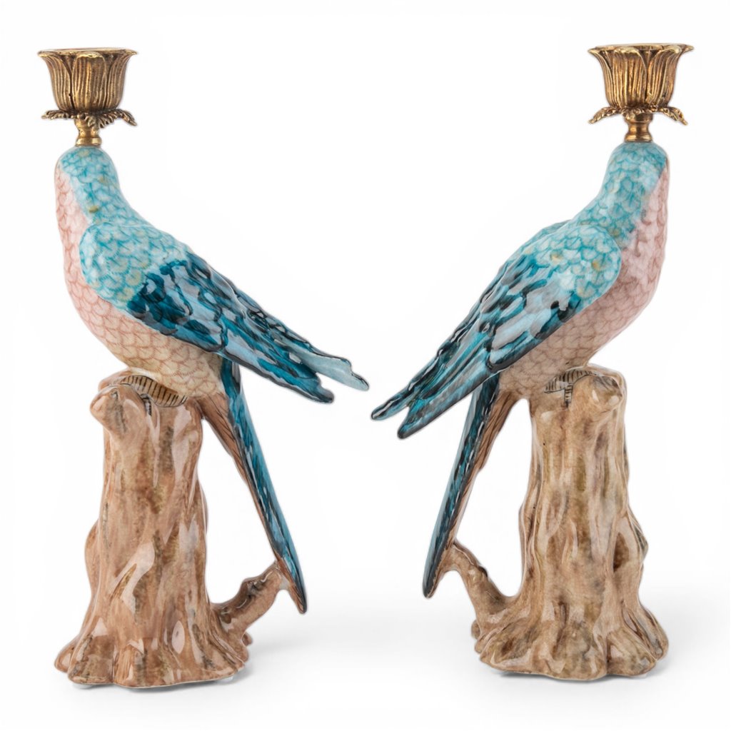 Chinoiserie Blue Porcelain Parrot Candle Holder Pair with Bronze Ormolu
