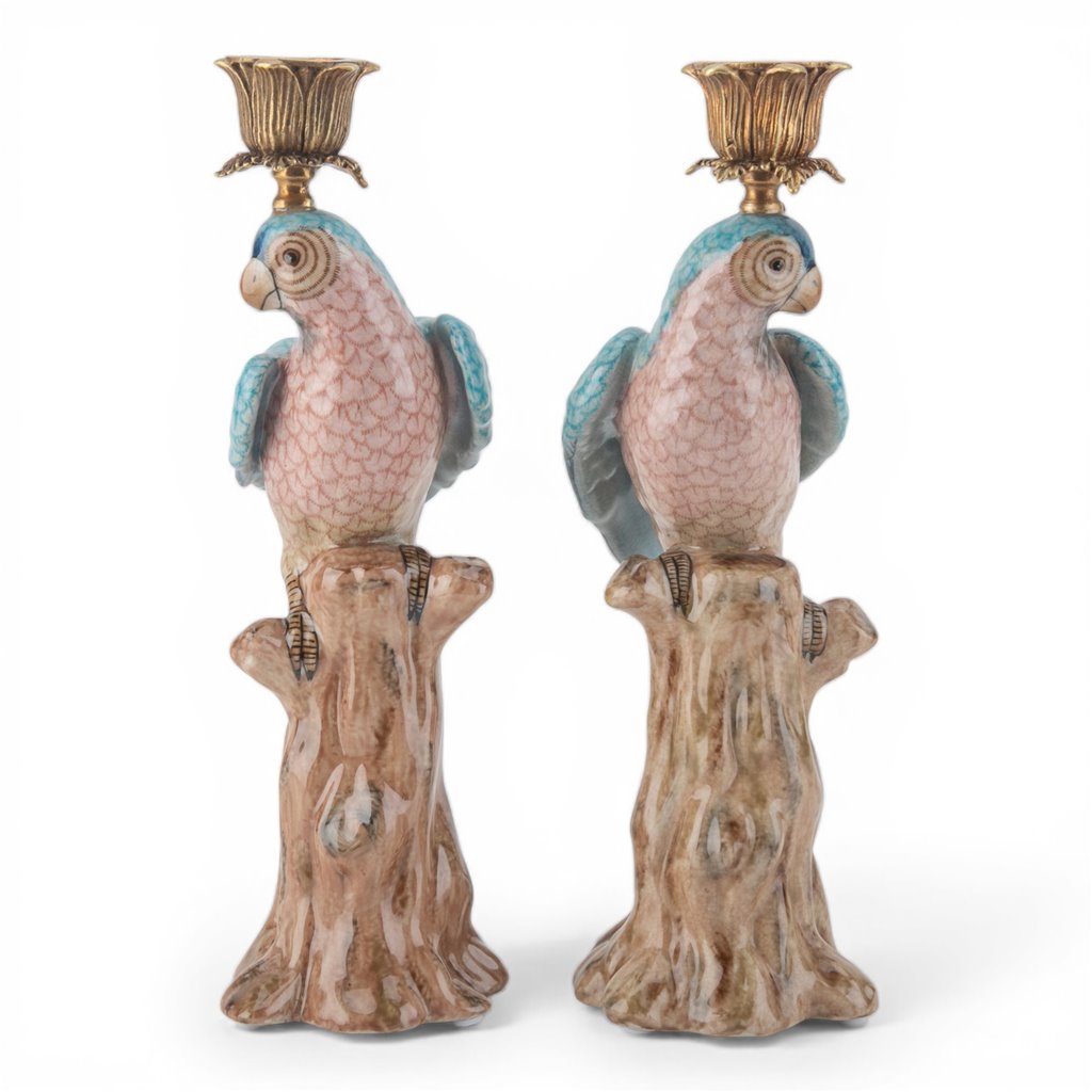 Chinoiserie Blue Porcelain Parrot Candle Holder Pair with Bronze Ormolu