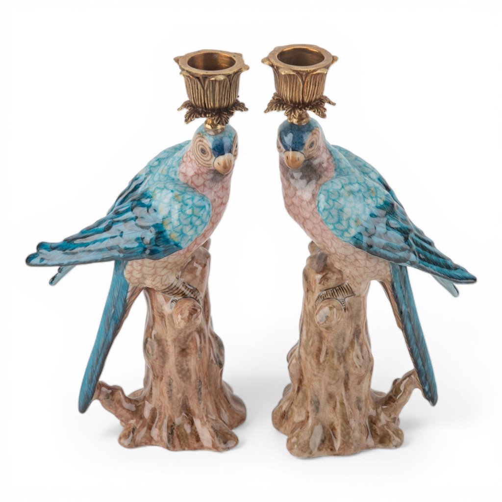 Chinoiserie Blue Porcelain Parrot Candle Holder Pair with Bronze Ormolu