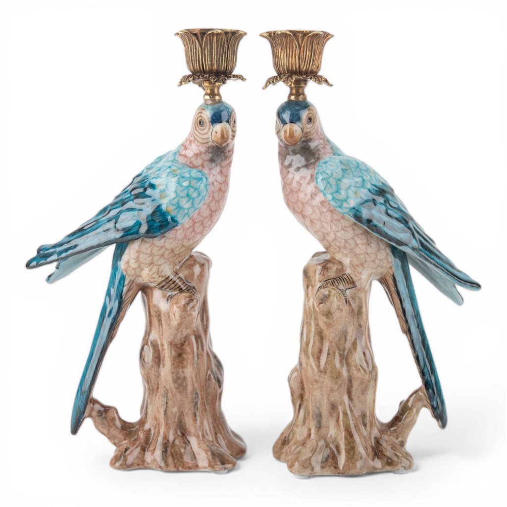 Chinoiserie Blue Porcelain Parrot Candle Holder Pair with Bronze Ormolu