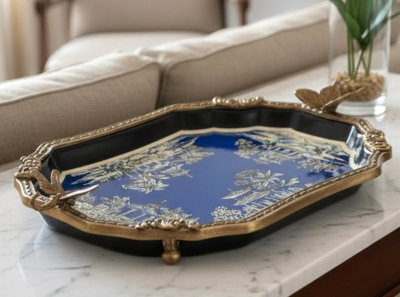 Azure Pagoda Porcelain Tray with Bronze Ormolu